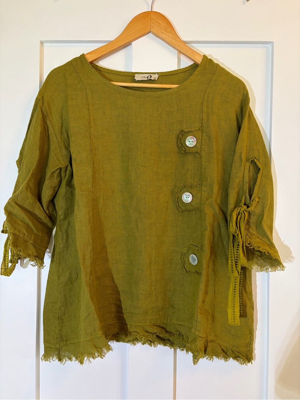 Olive Green Button-Accent Women's Linen Top - Made in Italy